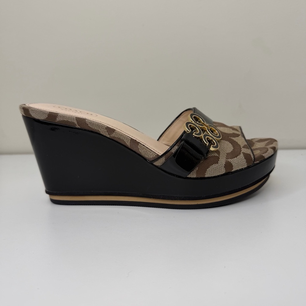 Coach Geri Wedge Sandals Signature Logo Canvas Platform Heels Size 7 - Picture 12 of 13